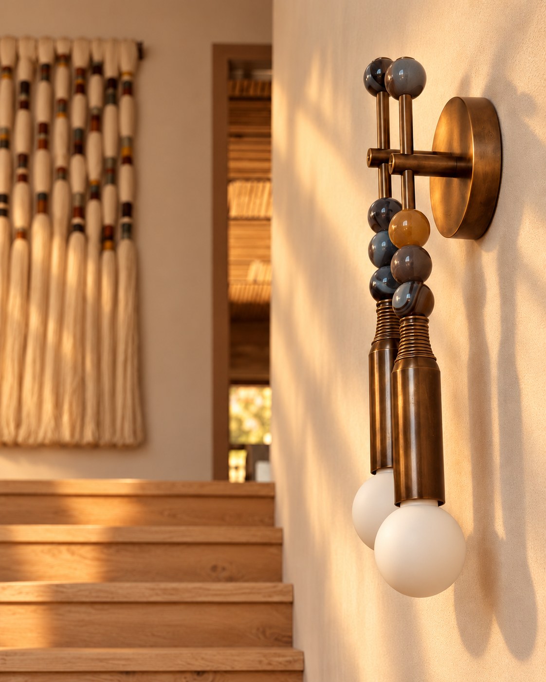 Close-up of an aged brass wall sconce with blue-gray, smoky and ochre agate stone beads and two frosted globes, in warm afternoon light beside oak stairs and a handwoven wall hanging.
