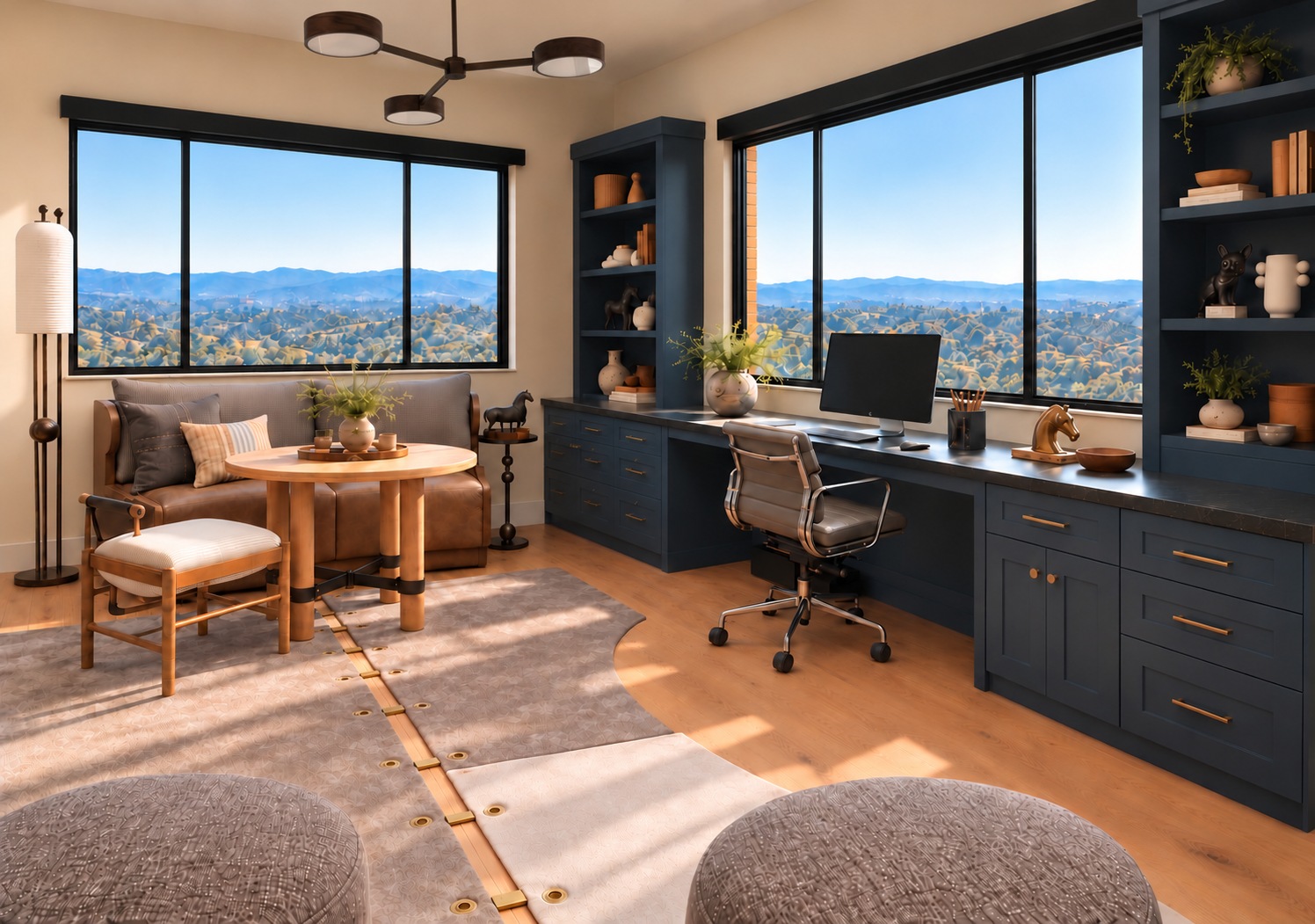An upstairs office with slate-blue built-in cabinetry, a dark stone desk and two windows overlooking distant foothills. A three-disc wood-and-bronze chandelier hangs above the seating area; slender window mullions frame the view. A leather sofa and round oak table sit beside a ribbed-shade lamp; brass links join sculpted rug panels.