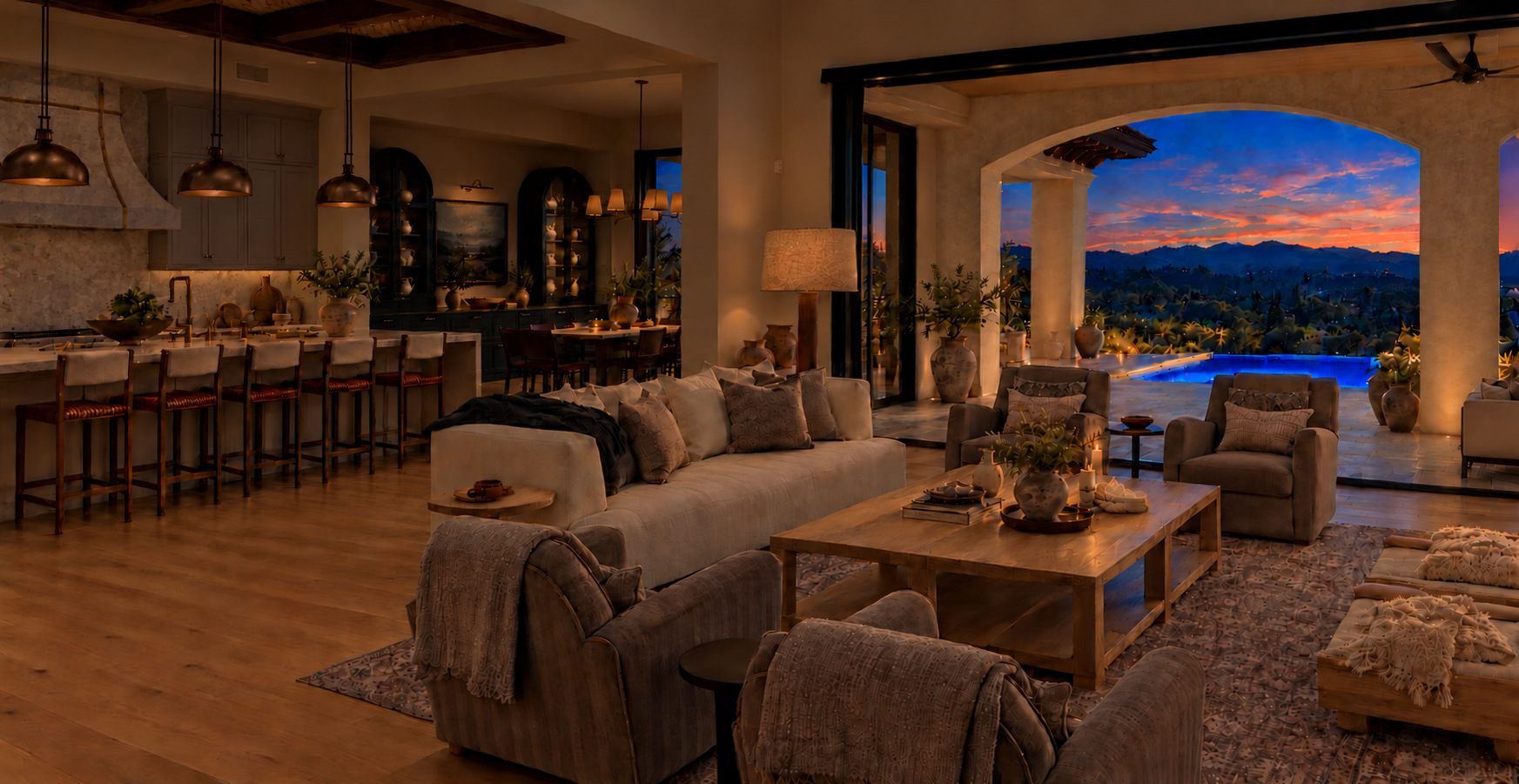 The same open living space at dusk, with muted amber fixtures, pale upholstered seating, and open doors framing a veranda with a wood ceiling and an illuminated deep-blue pool beneath a deep blue sky with soft rose-colored sunset clouds.